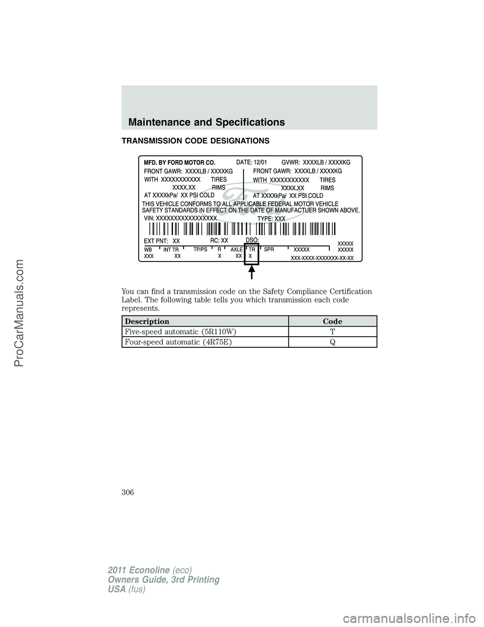 FORD E-450 2011  Owners Manual TRANSMISSION CODE DESIGNATIONS
You can find a transmission code on the Safety Compliance Certification
Label. The following table tells you which transmission each code
represents.
Description Code
Fi