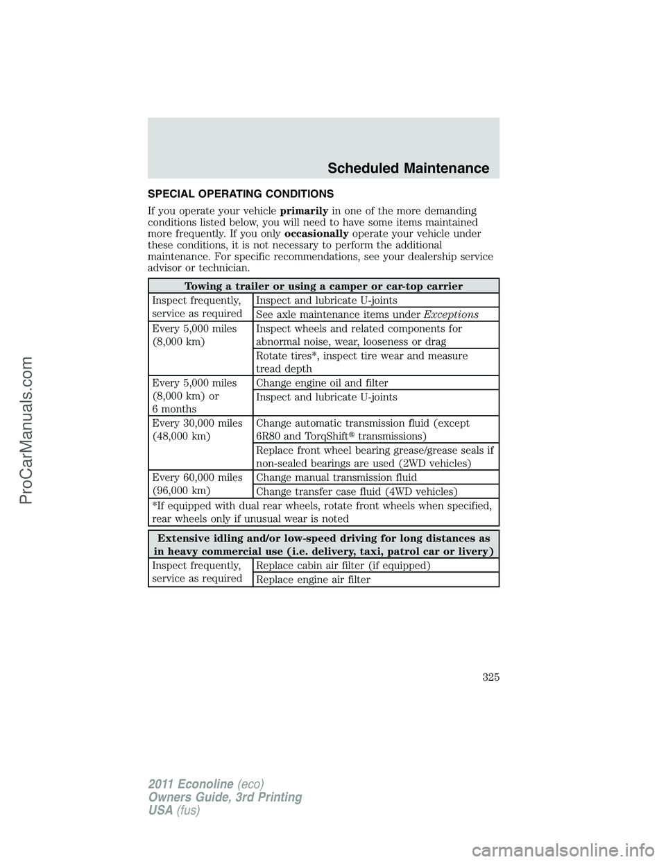 FORD E-450 2011 Owners Manual SPECIAL OPERATING CONDITIONS
If you operate your vehicleprimarilyin one of the more demanding
conditions listed below, you will need to have some items maintained
more frequently. If you onlyoccasiona FORD E-450 2011 Owners Manual SPECIAL OPERATING CONDITIONS
If you operate your vehicleprimarilyin one of the more demanding
conditions listed below, you will need to have some items maintained
more frequently. If you onlyoccasiona
