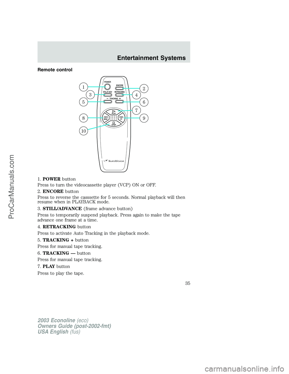 FORD ECONOLINE 2003  Owners Manual Remote control
1.POWERbutton
Press to turn the videocassette player (VCP) ON or OFF.
2.ENCOREbutton
Press to reverse the casssette for 5 seconds. Normal playback will then
resume when in PLAYBACK mode
