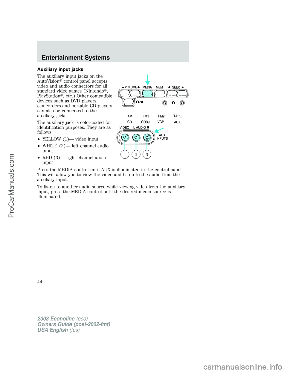 FORD ECONOLINE 2003  Owners Manual Auxiliary input jacks
The auxiliary input jacks on the
AutoVisioncontrol panel accepts
video and audio connectors for all
standard video games (Nintendo,
PlayStation, etc.) Other compatible
devices