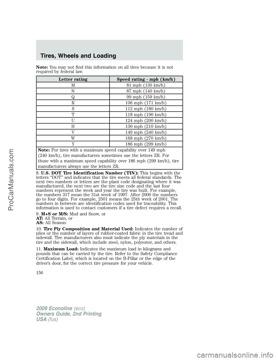 FORD ECONOLINE 2009  Owners Manual Note:You may not find this information on all tires because it is not
required by federal law.
Letter rating Speed rating - mph (km/h)
M 81 mph (130 km/h)
N 87 mph (140 km/h)
Q 99 mph (159 km/h)
R 106