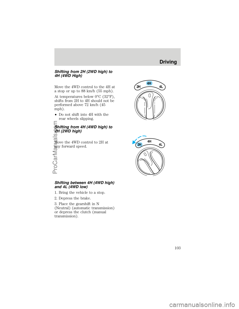 FORD F250 1998  Owners Manual Shifting from 2H (2WD high) to
4H (4WD High)
Move the 4WD control to the 4H at
a stop or up to 88 km/h (55 mph).
At temperatures below 0ÉC (32ÉF),
shifts from 2H to 4H should not be
performed above 