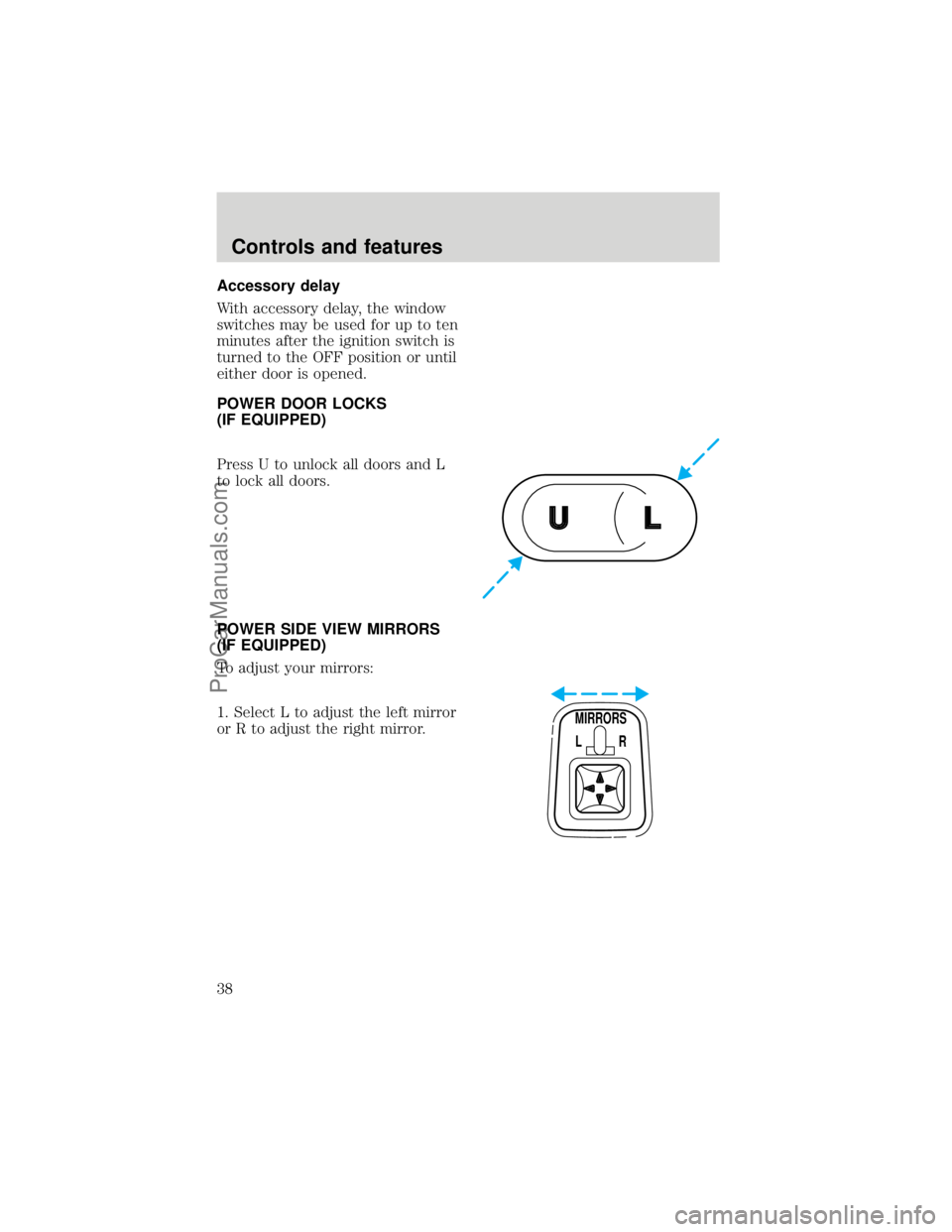 FORD F250 1998  Owners Manual Accessory delay
With accessory delay, the window
switches may be used for up to ten
minutes after the ignition switch is
turned to the OFF position or until
either door is opened.
POWER DOOR LOCKS
(IF