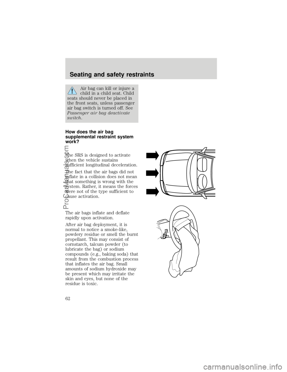 FORD F250 1998  Owners Manual Air bag can kill or injure a
child in a child seat. Child
seats should never be placed in
the front seats, unless passenger
air bag switch is turned off. See
Passenger air bag deactivate
switch.
How d