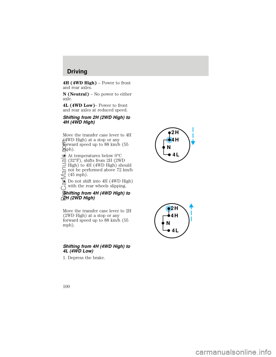 FORD F250 1998  Owners Manual 4H (4WD High)± Power to front
and rear axles.
N (Neutral)± No power to either
axle.
4L (4WD Low)± Power to front
and rear axles at reduced speed.
Shifting from 2H (2WD High) to
4H (4WD High)
Move t