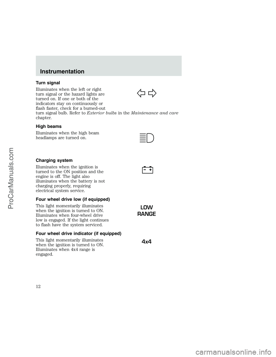 FORD F250 1999  Owners Manual Turn signal
Illuminates when the left or right
turn signal or the hazard lights are
turned on. If one or both of the
indicators stay on continuously or
flash faster, check for a burned-out
turn signal