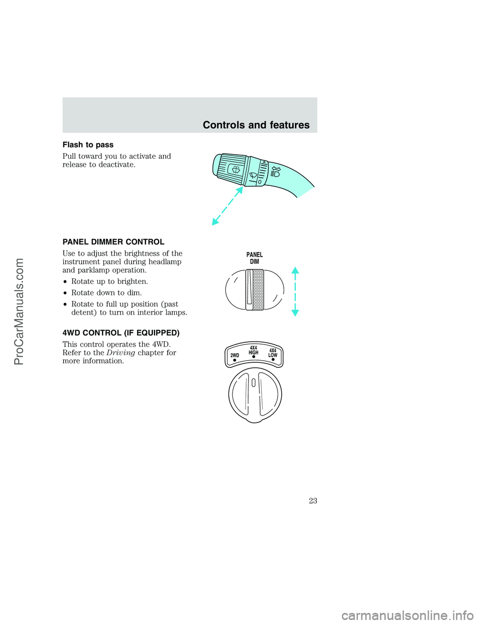 FORD F250 1999  Owners Manual Flash to pass
Pull toward you to activate and
release to deactivate.
PANEL DIMMER CONTROL
Use to adjust the brightness of the
instrument panel during headlamp
and parklamp operation.
•Rotate up to b