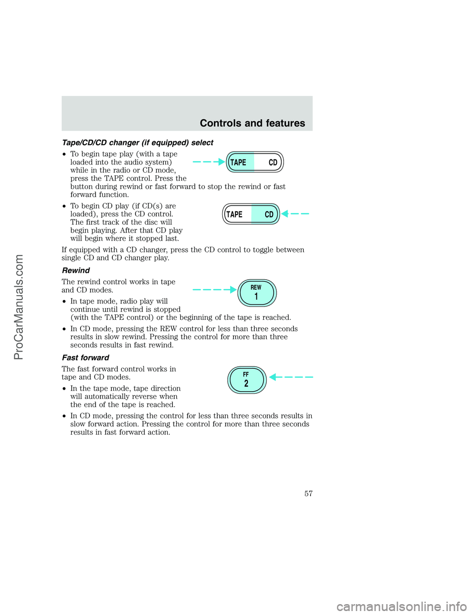 FORD F250 1999  Owners Manual Tape/CD/CD changer (if equipped) select
•To begin tape play (with a tape
loaded into the audio system)
while in the radio or CD mode,
press the TAPE control. Press the
button during rewind or fast f