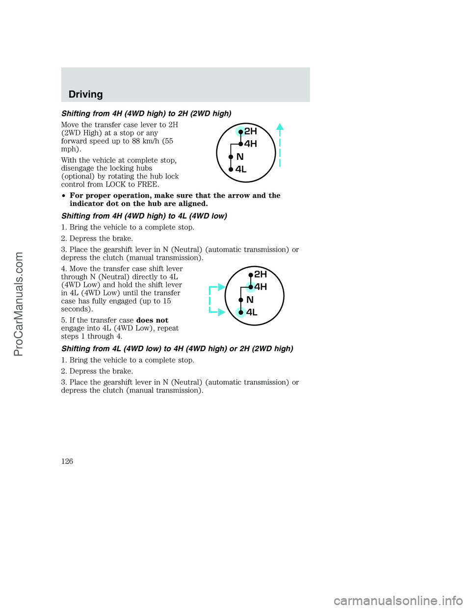 FORD F250 2000  Owners Manual Shifting from 4H (4WD high) to 2H (2WD high)
Move the transfer case lever to 2H
(2WD High) at a stop or any
forward speed up to 88 km/h (55
mph).
With the vehicle at complete stop,
disengage the locki