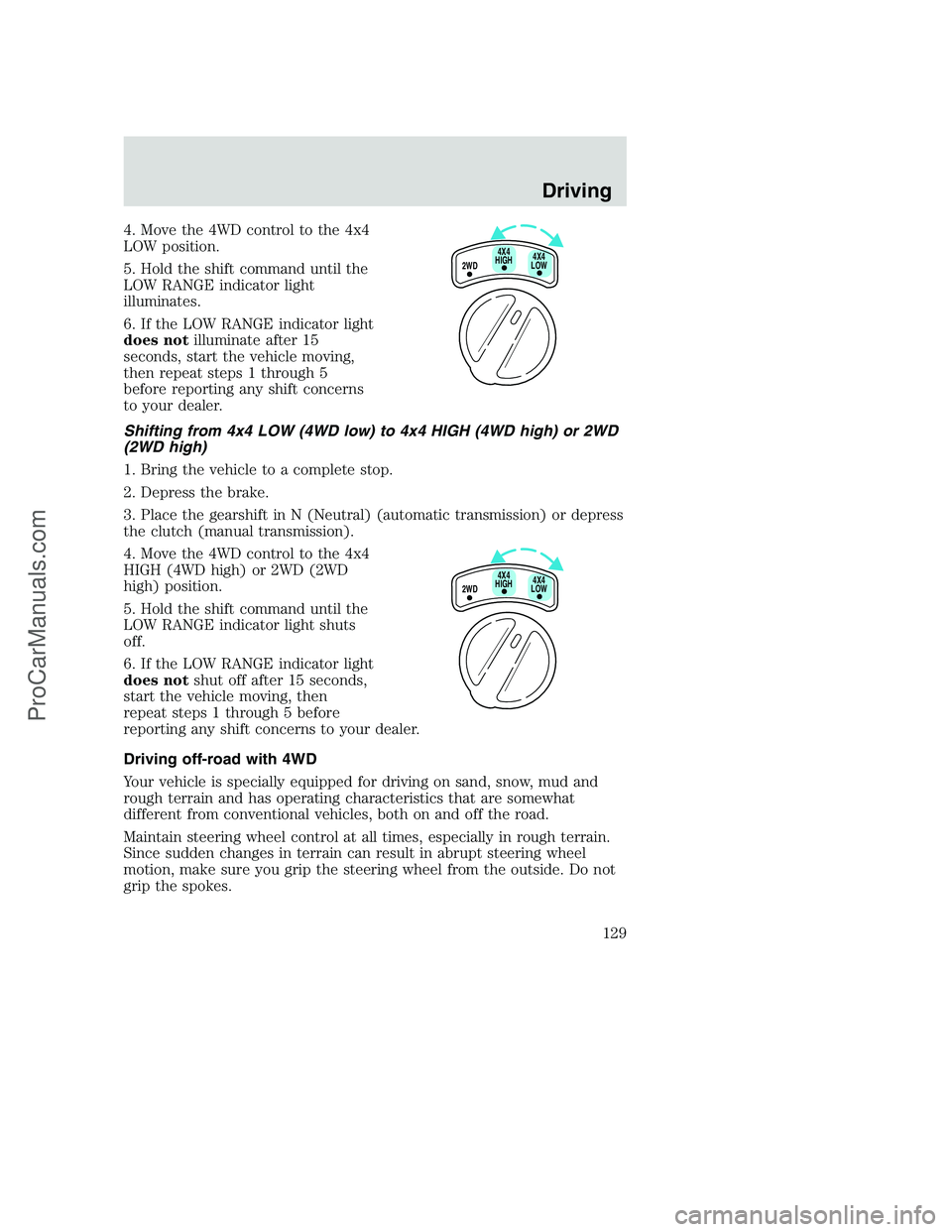 FORD F250 2000 Owners Manual 4. Move the 4WD control to the 4x4
LOW position.
5. Hold the shift command until the
LOW RANGE indicator light
illuminates.
6. If the LOW RANGE indicator light
does notilluminate after 15
seconds, sta FORD F250 2000 Owners Manual 4. Move the 4WD control to the 4x4
LOW position.
5. Hold the shift command until the
LOW RANGE indicator light
illuminates.
6. If the LOW RANGE indicator light
does notilluminate after 15
seconds, sta