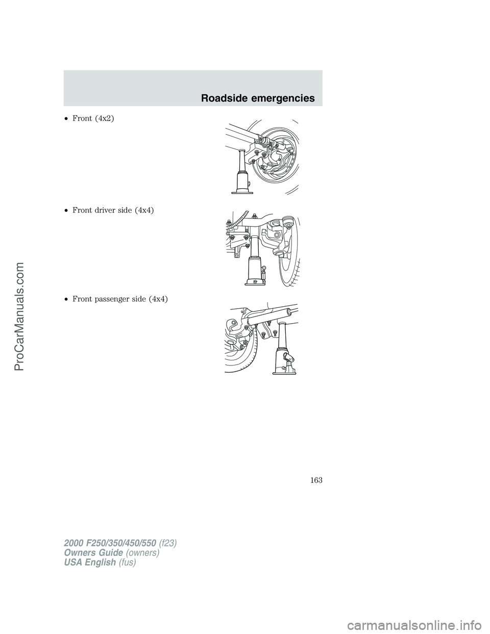 FORD F250 2000  Owners Manual •Front (4x2)
•Front driver side (4x4)
•Front passenger side (4x4)
2000 F250/350/450/550(f23)
Owners Guide(owners)
USA English(fus)
Roadside emergencies
163
ProCarManuals.com 