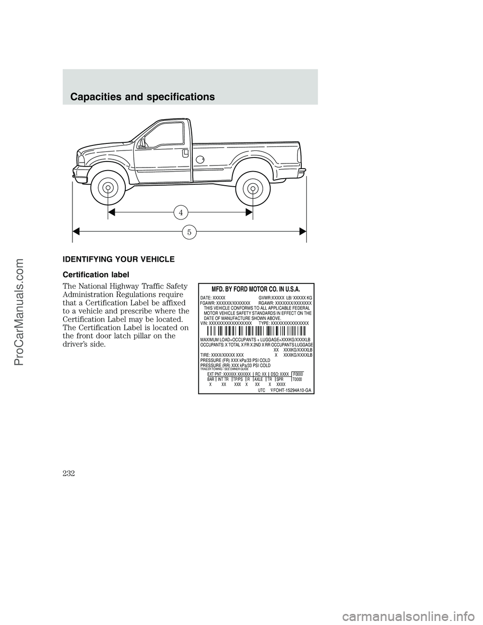 FORD F250 2000 Owners Manual IDENTIFYING YOUR VEHICLE
Certification label
The National Highway Traffic Safety
Administration Regulations require
that a Certification Label be affixed
to a vehicle and prescribe where the
Certifica FORD F250 2000 Owners Manual IDENTIFYING YOUR VEHICLE
Certification label
The National Highway Traffic Safety
Administration Regulations require
that a Certification Label be affixed
to a vehicle and prescribe where the
Certifica