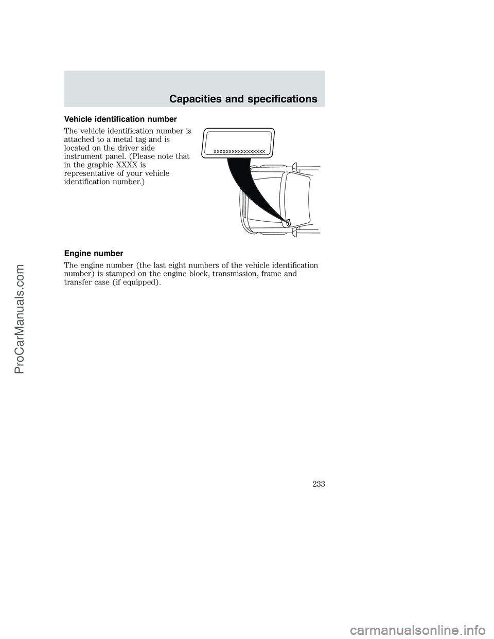 FORD F250 2000  Owners Manual Vehicle identification number
The vehicle identification number is
attached to a metal tag and is
located on the driver side
instrument panel. (Please note that
in the graphic XXXX is
representative o