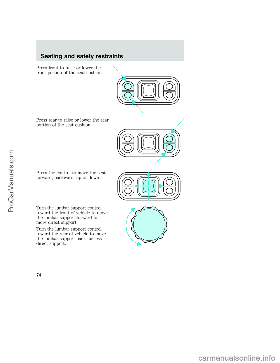 FORD F250 2000  Owners Manual Press front to raise or lower the
front portion of the seat cushion.
Press rear to raise or lower the rear
portion of the seat cushion.
Press the control to move the seat
forward, backward, up or down