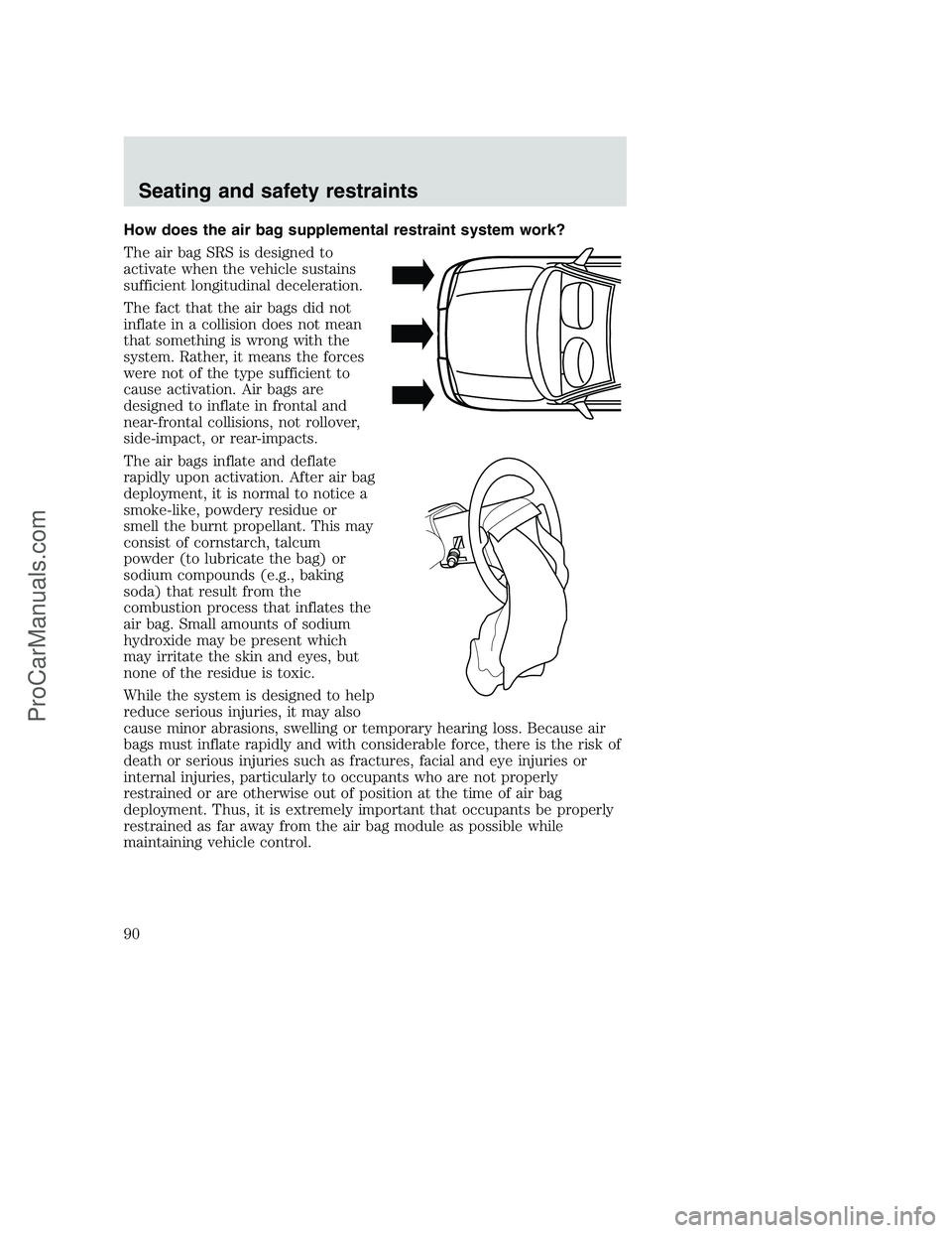 FORD F250 2000  Owners Manual How does the air bag supplemental restraint system work?
The air bag SRS is designed to
activate when the vehicle sustains
sufficient longitudinal deceleration.
The fact that the air bags did not
infl