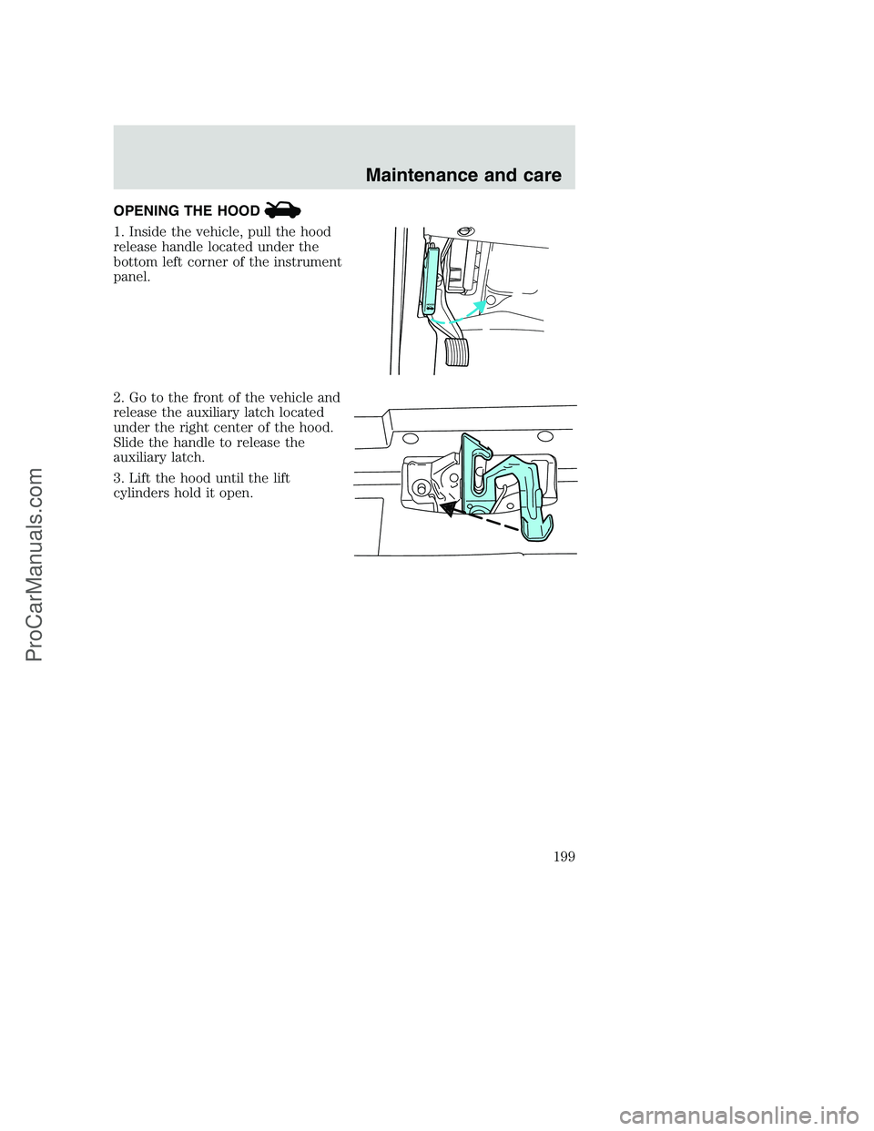 FORD F250 2001  Owners Manual OPENING THE HOOD
1. Inside the vehicle, pull the hood
release handle located under the
bottom left corner of the instrument
panel.
2. Go to the front of the vehicle and
release the auxiliary latch loc