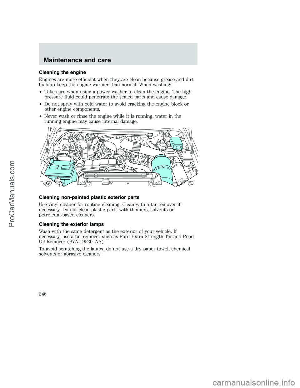 FORD F250 2001  Owners Manual Cleaning the engine
Engines are more efficient when they are clean because grease and dirt
buildup keep the engine warmer than normal. When washing:
•Take care when using a power washer to clean the