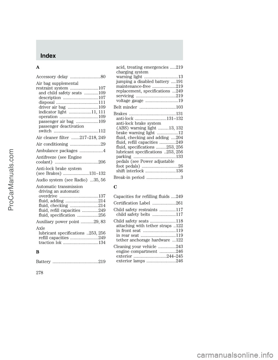 FORD F250 2001  Owners Manual A
Accessory delay ..........................80
Air bag supplemental
restraint system ........................107
and child safety seats ............109
description ..............................107
di