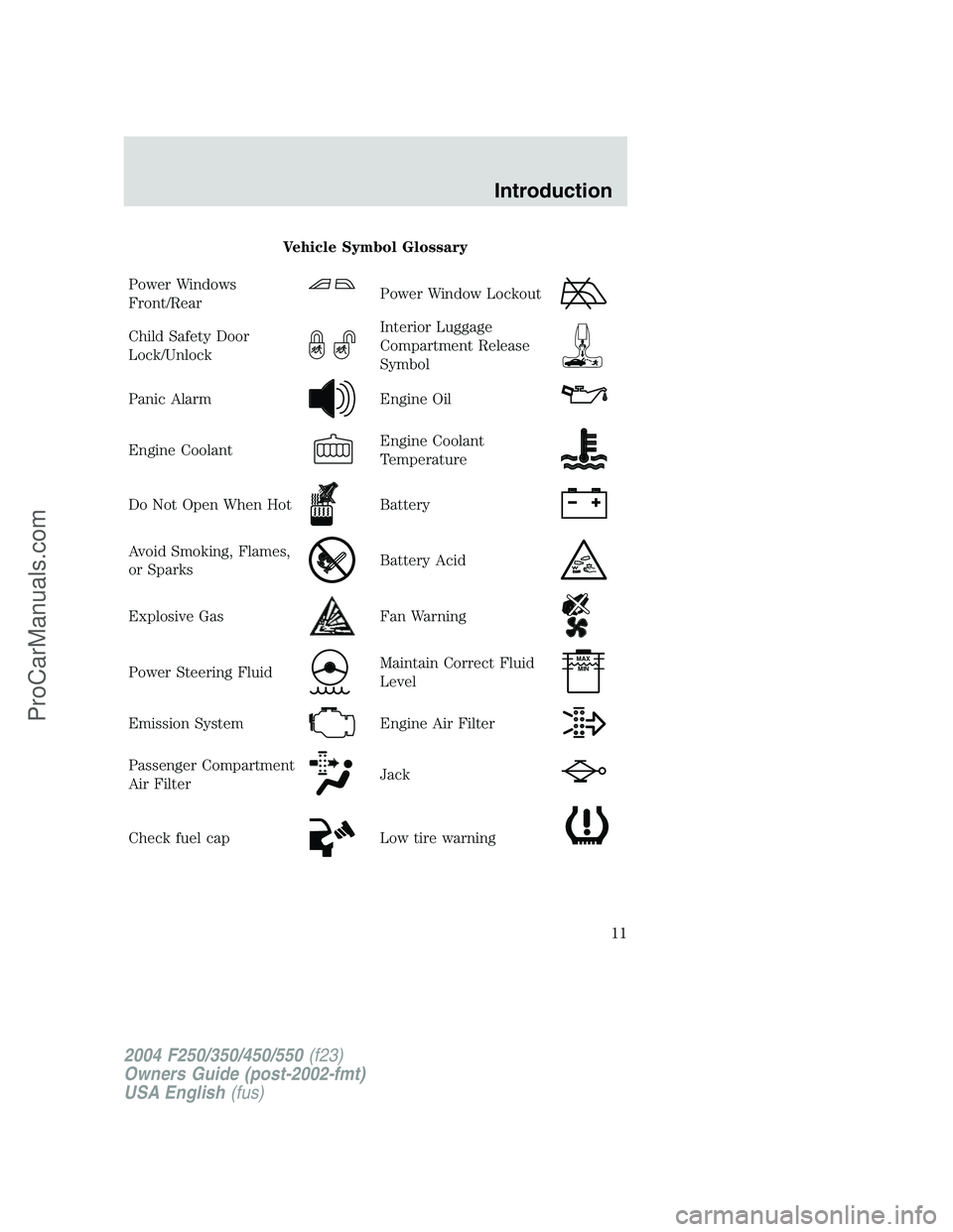 FORD F350 2004  Owners Manual Vehicle Symbol Glossary
Power Windows
Front/Rear
Power Window Lockout
Child Safety Door
Lock/UnlockInterior Luggage
Compartment Release
Symbol
Panic AlarmEngine Oil
Engine CoolantEngine Coolant
Temper