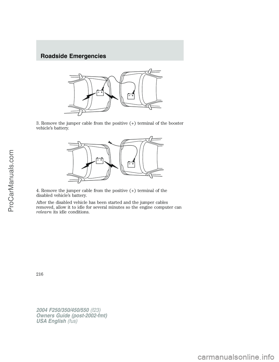 FORD F350 2004  Owners Manual 3. Remove the jumper cable from the positive (+) terminal of the booster
vehicle’s battery.
4. Remove the jumper cable from the positive (+) terminal of the
disabled vehicle’s battery.
After the d