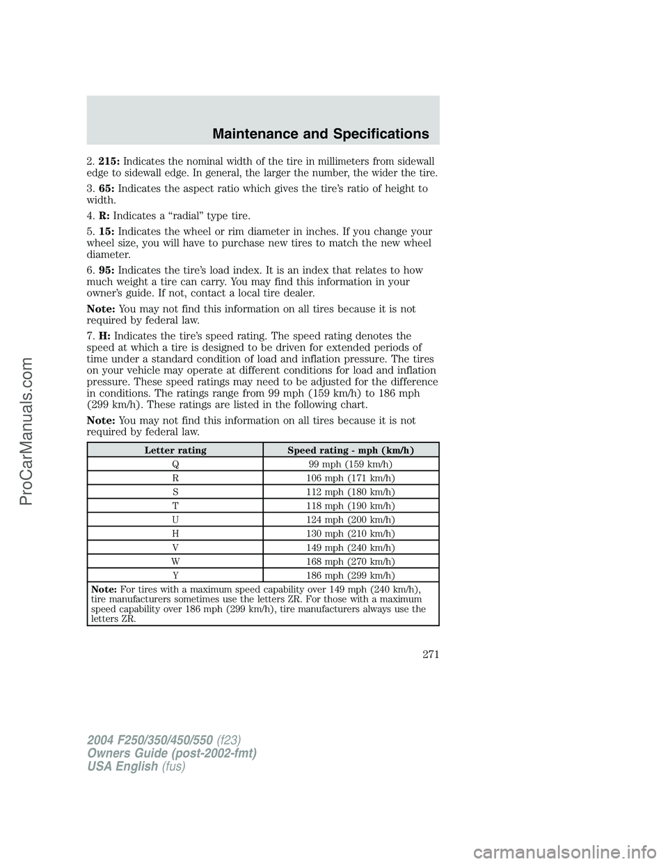 FORD F350 2004  Owners Manual 2.215:Indicates the nominal width of the tire in millimeters from sidewall
edge to sidewall edge. In general, the larger the number, the wider the tire.
3.65:Indicates the aspect ratio which gives the