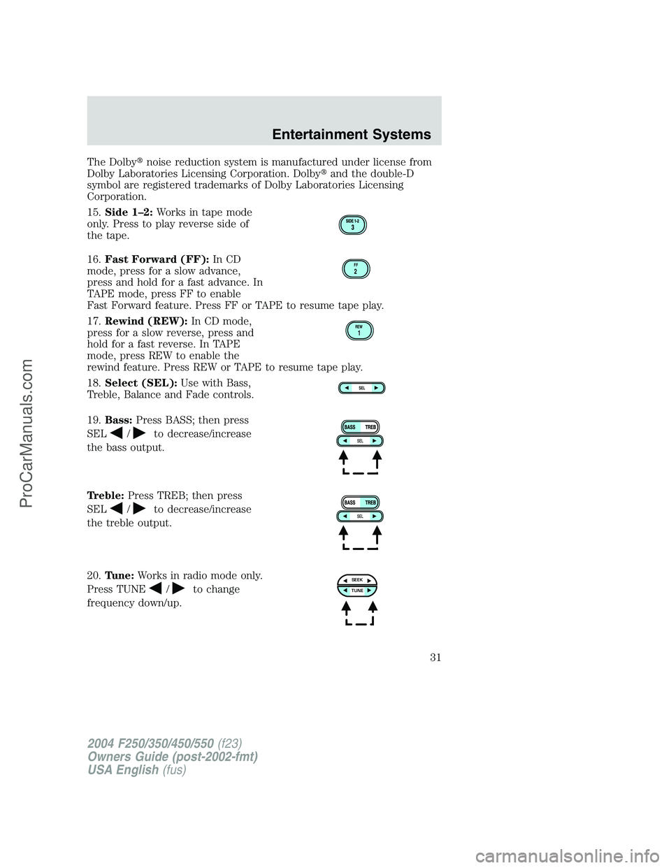 FORD F350 2004 Owners Manual The Dolbynoise reduction system is manufactured under license from
Dolby Laboratories Licensing Corporation. Dolbyand the double-D
symbol are registered trademarks of Dolby Laboratories Licensing
Co FORD F350 2004 Owners Manual The Dolbynoise reduction system is manufactured under license from
Dolby Laboratories Licensing Corporation. Dolbyand the double-D
symbol are registered trademarks of Dolby Laboratories Licensing
Co