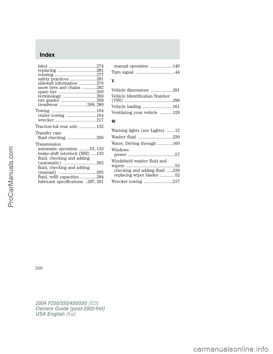 FORD F350 2004  Owners Manual label .........................................274
replacing ..................................281
rotating ....................................277
safety practices .......................281
sidewall