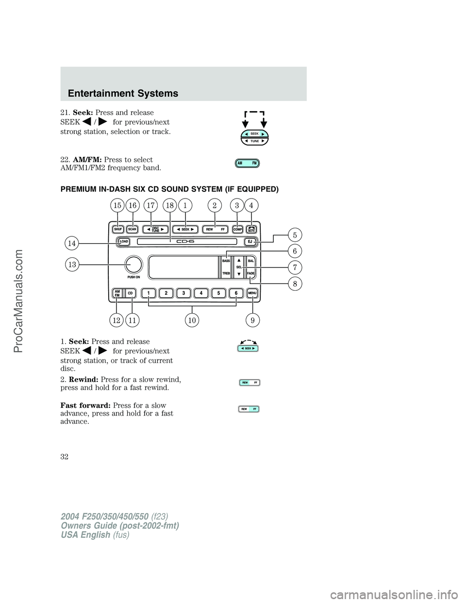 FORD F350 2004  Owners Manual 21.Seek:Press and release
SEEK
/for previous/next
strong station, selection or track.
22.AM/FM:Press to select
AM/FM1/FM2 frequency band.
PREMIUM IN-DASH SIX CD SOUND SYSTEM (IF EQUIPPED)
1.Seek:Press