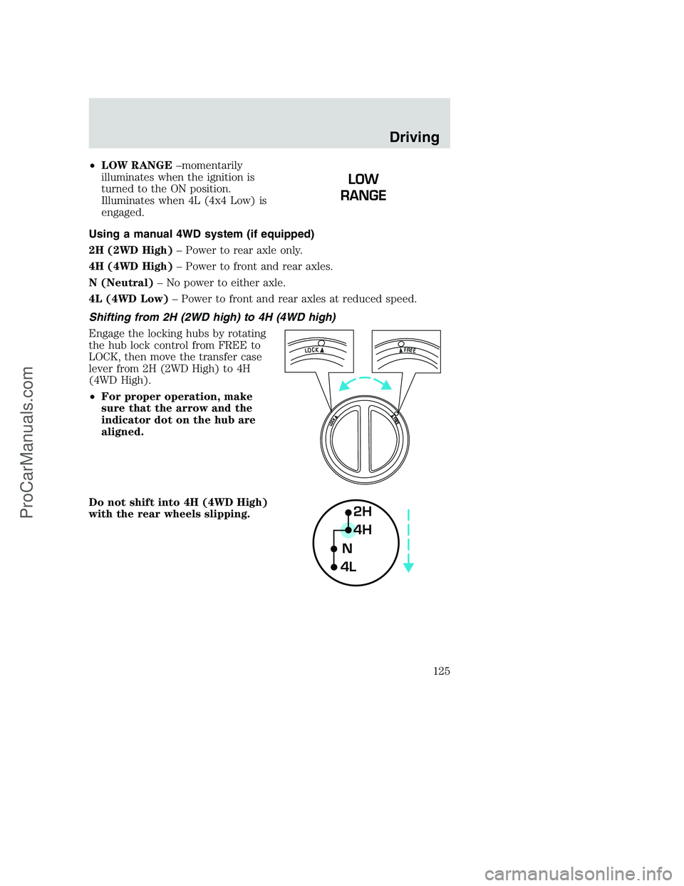 FORD F350 2000  Owners Manual •LOW RANGE–momentarily
illuminates when the ignition is
turned to the ON position.
Illuminates when 4L (4x4 Low) is
engaged.
Using a manual 4WD system (if equipped)
2H (2WD High)– Power to rear 