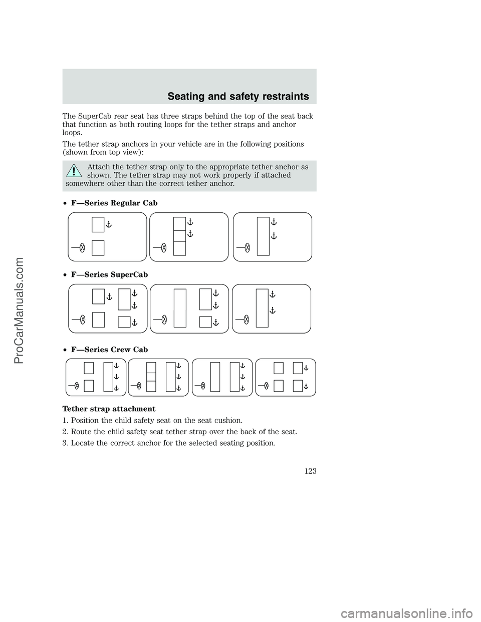 FORD F350 2001  Owners Manual The SuperCab rear seat has three straps behind the top of the seat back
that function as both routing loops for the tether straps and anchor
loops.
The tether strap anchors in your vehicle are in the 