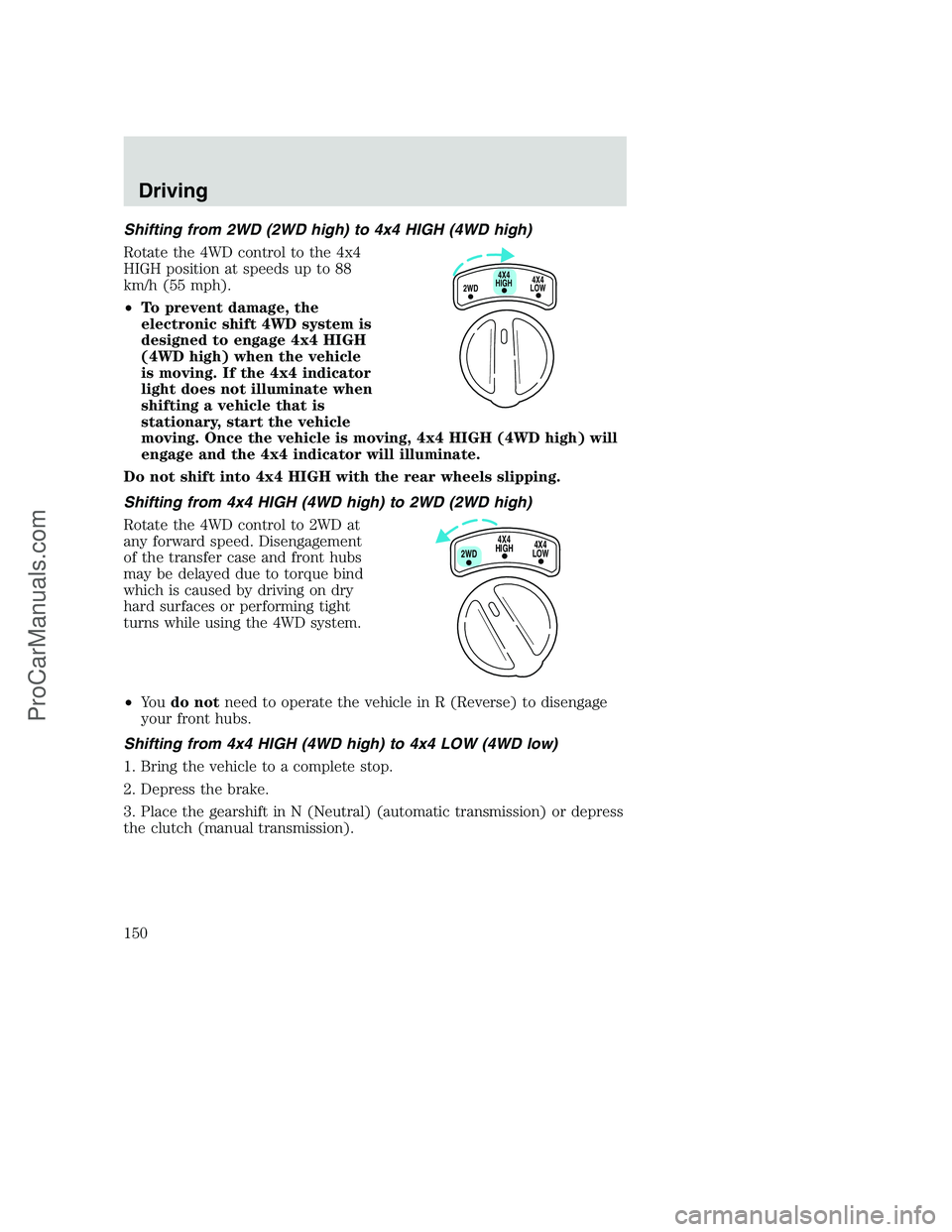 FORD F350 2001  Owners Manual Shifting from 2WD (2WD high) to 4x4 HIGH (4WD high)
Rotate the 4WD control to the 4x4
HIGH position at speeds up to 88
km/h (55 mph).
•To prevent damage, the
electronic shift 4WD system is
designed 