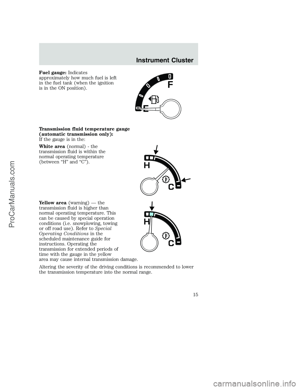 FORD F350 2002  Owners Manual Fuel gauge:Indicates
approximately how much fuel is left
in the fuel tank (when the ignition
is in the ON position).
Transmission fluid temperature gauge
(automatic transmission only):
If the gauge is