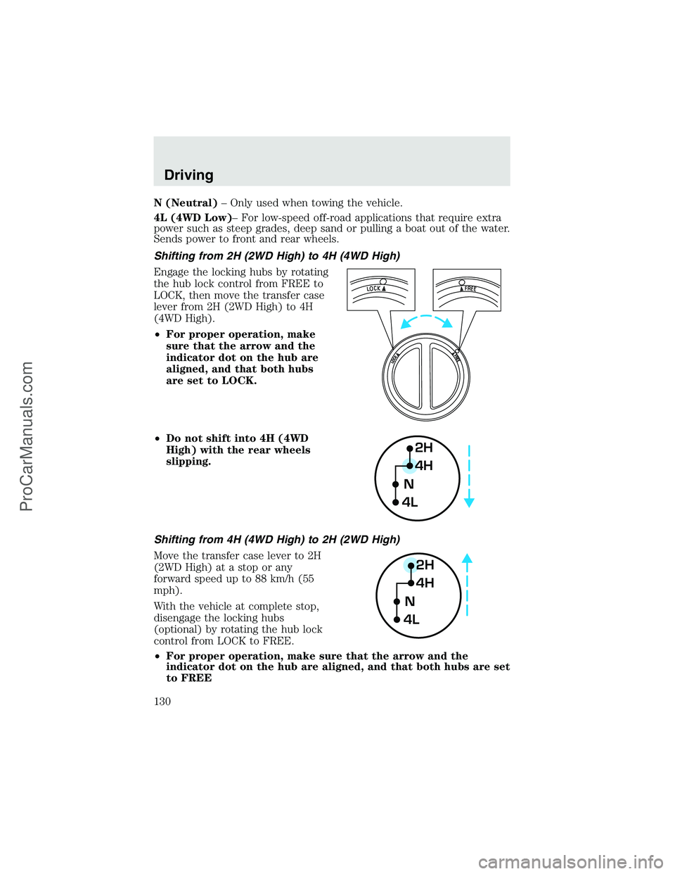 FORD F350 2003 Owners Manual N (Neutral)–Only used when towing the vehicle.
4L (4WD Low)–For low-speed off-road applications that require extra
power such as steep grades, deep sand or pulling a boat out of the water.
Sends p FORD F350 2003 Owners Manual N (Neutral)–Only used when towing the vehicle.
4L (4WD Low)–For low-speed off-road applications that require extra
power such as steep grades, deep sand or pulling a boat out of the water.
Sends p