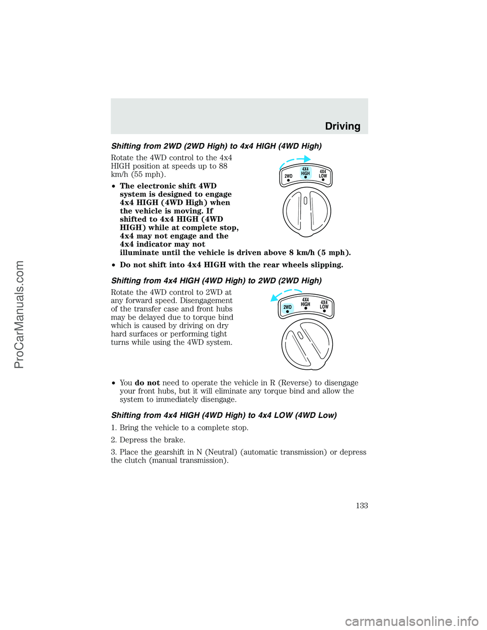 FORD F350 2003 Owners Manual Shifting from 2WD (2WD High) to 4x4 HIGH (4WD High)
Rotate the 4WD control to the 4x4
HIGH position at speeds up to 88
km/h (55 mph).
•The electronic shift 4WD
system is designed to engage
4x4 HIGH FORD F350 2003 Owners Manual Shifting from 2WD (2WD High) to 4x4 HIGH (4WD High)
Rotate the 4WD control to the 4x4
HIGH position at speeds up to 88
km/h (55 mph).
•The electronic shift 4WD
system is designed to engage
4x4 HIGH