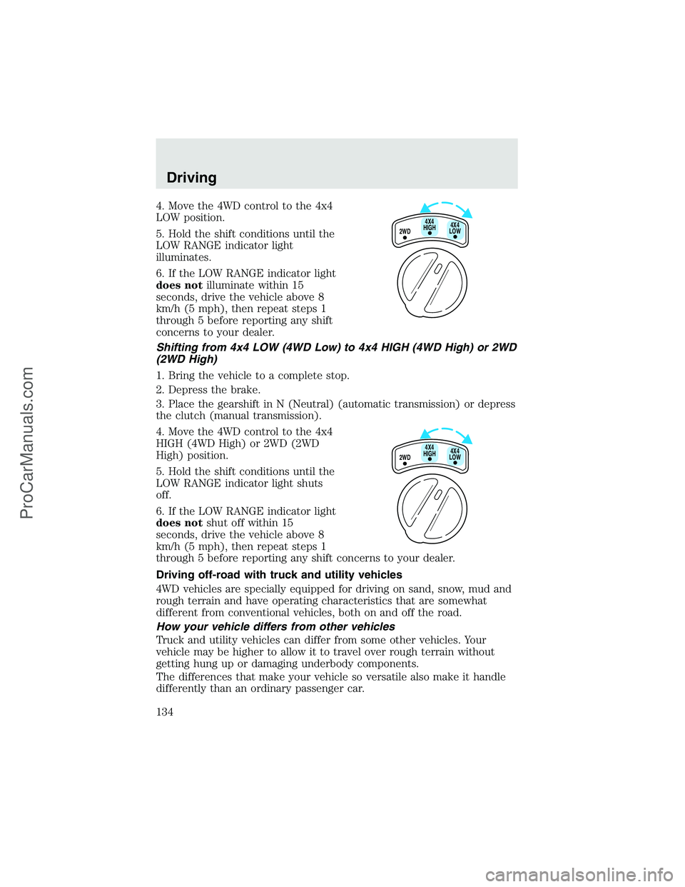 FORD F350 2003 Owners Manual 4. Move the 4WD control to the 4x4
LOW position.
5. Hold the shift conditions until the
LOW RANGE indicator light
illuminates.
6. If the LOW RANGE indicator light
does notilluminate within 15
seconds, FORD F350 2003 Owners Manual 4. Move the 4WD control to the 4x4
LOW position.
5. Hold the shift conditions until the
LOW RANGE indicator light
illuminates.
6. If the LOW RANGE indicator light
does notilluminate within 15
seconds,