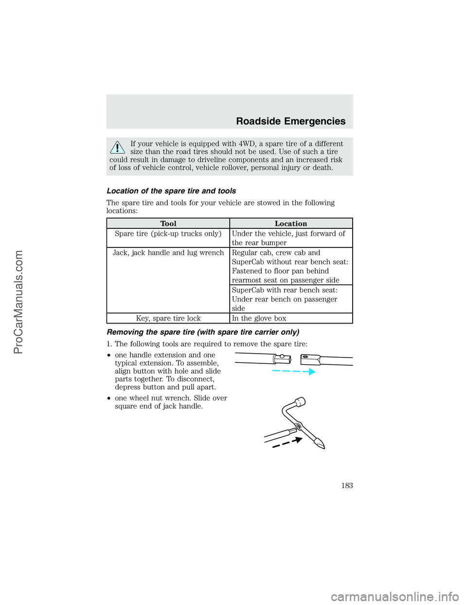 FORD F350 2003 Owners Manual If your vehicle is equipped with 4WD, a spare tire of a different
size than the road tires should not be used. Use of such a tire
could result in damage to driveline components and an increased risk
o FORD F350 2003 Owners Manual If your vehicle is equipped with 4WD, a spare tire of a different
size than the road tires should not be used. Use of such a tire
could result in damage to driveline components and an increased risk
o