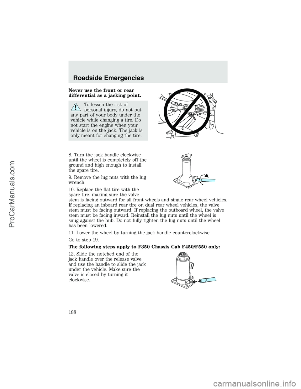 FORD F350 2003 Owners Manual Never use the front or rear
differential as a jacking point.
To lessen the risk of
personal injury, do not put
any part of your body under the
vehicle while changing a tire. Do
not start the engine wh FORD F350 2003 Owners Manual Never use the front or rear
differential as a jacking point.
To lessen the risk of
personal injury, do not put
any part of your body under the
vehicle while changing a tire. Do
not start the engine wh