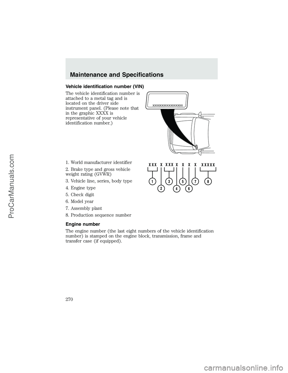 FORD F350 2003  Owners Manual Vehicle identification number (VIN)
The vehicle identification number is
attached to a metal tag and is
located on the driver side
instrument panel. (Please note that
in the graphic XXXX is
representa