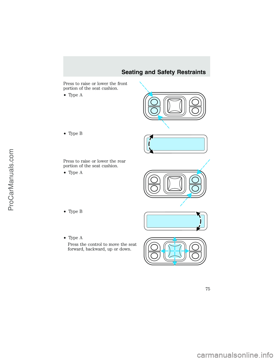 FORD F350 2003  Owners Manual Press to raise or lower the front
portion of the seat cushion.
•Type A
•Type B
Press to raise or lower the rear
portion of the seat cushion.
•Type A
•Type B
•Type A
Press the control to move