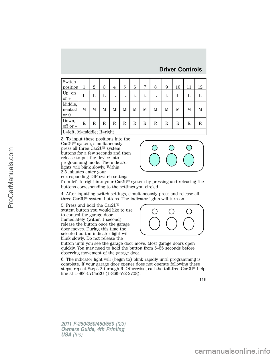 FORD F350 2011 Owners Manual Switch
position1234567 8 9101112
Up, on
or +LLLLLLLLLLLL
Middle,
neutral
or 0MMMMMMMMMMMM
Down,
offor–RRRRRRRRRRRR
L=left; M=middle; R=right
3. To input these positions into the
Car2Usystem, simult FORD F350 2011 Owners Manual Switch
position1234567 8 9101112
Up, on
or +LLLLLLLLLLLL
Middle,
neutral
or 0MMMMMMMMMMMM
Down,
offor–RRRRRRRRRRRR
L=left; M=middle; R=right
3. To input these positions into the
Car2Usystem, simult