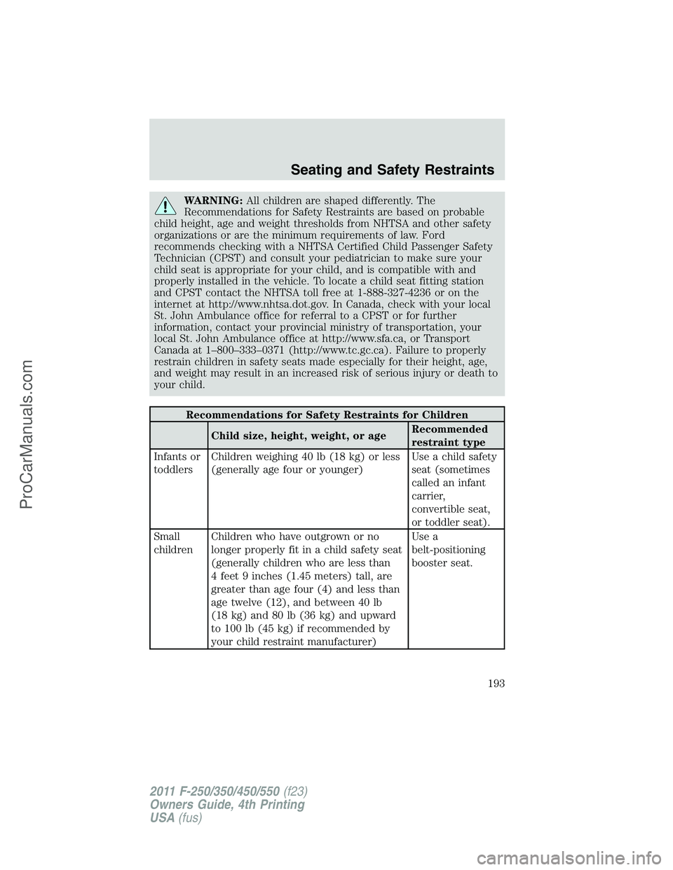 FORD F350 2011 Owners Manual WARNING:All children are shaped differently. The
Recommendations for Safety Restraints are based on probable
child height, age and weight thresholds from NHTSA and other safety
organizations or are th FORD F350 2011 Owners Manual WARNING:All children are shaped differently. The
Recommendations for Safety Restraints are based on probable
child height, age and weight thresholds from NHTSA and other safety
organizations or are th