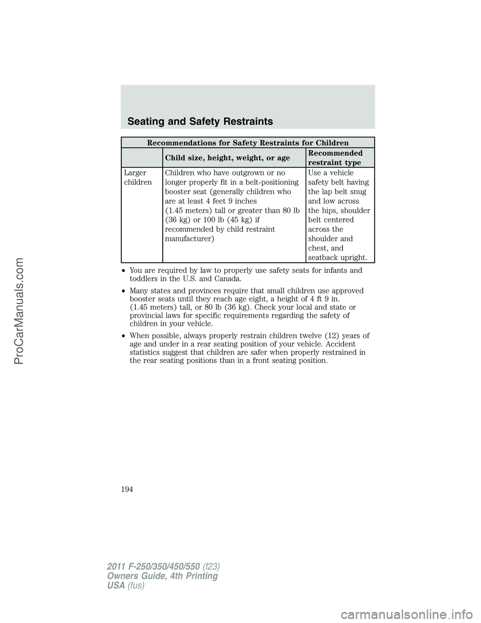 FORD F350 2011 Owners Manual Recommendations for Safety Restraints for Children
Child size, height, weight, or ageRecommended
restraint type
Larger
childrenChildren who have outgrown or no
longer properly fit in a belt-positionin FORD F350 2011 Owners Manual Recommendations for Safety Restraints for Children
Child size, height, weight, or ageRecommended
restraint type
Larger
childrenChildren who have outgrown or no
longer properly fit in a belt-positionin
