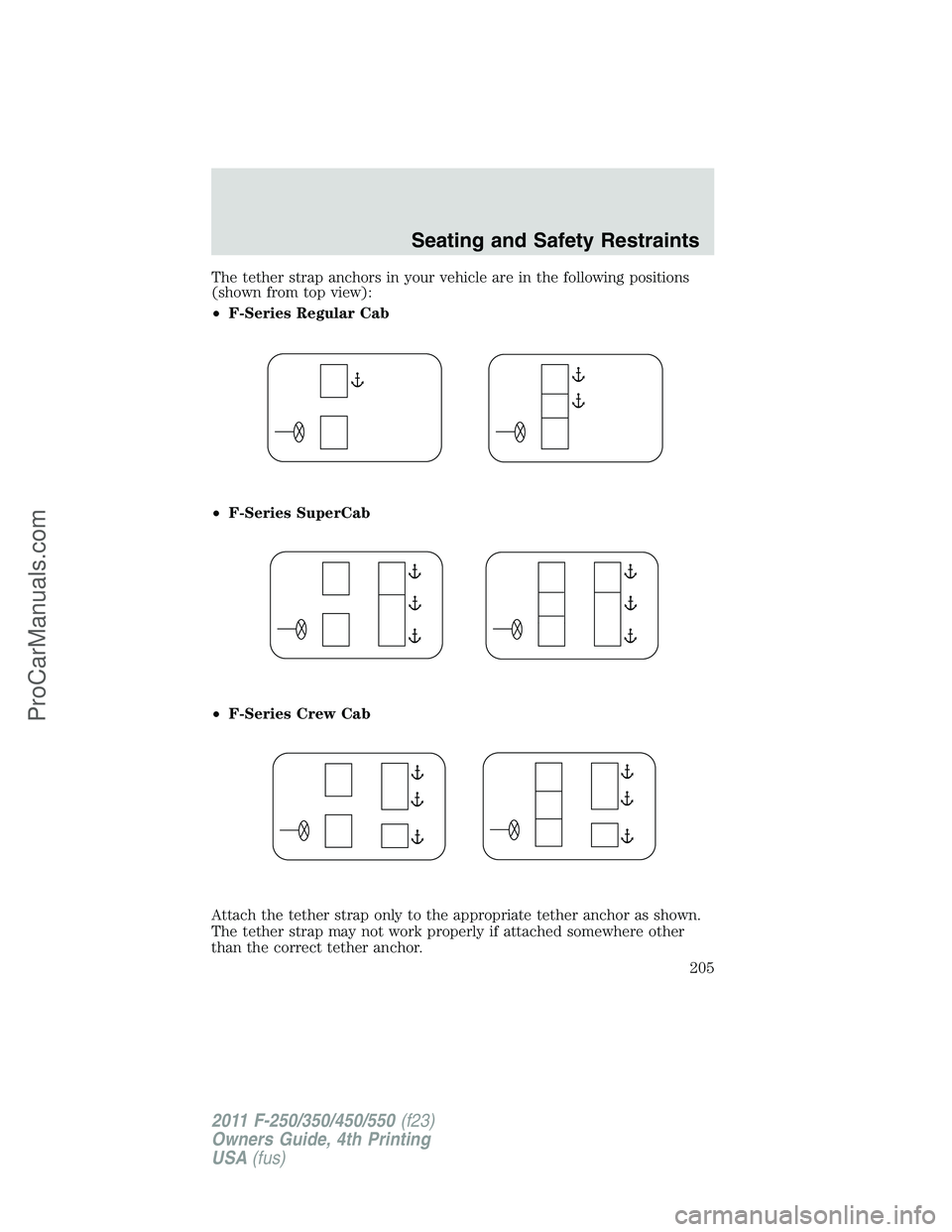 FORD F350 2011  Owners Manual The tether strap anchors in your vehicle are in the following positions
(shown from top view):
•F-Series Regular Cab
•F-Series SuperCab
•F-Series Crew Cab
Attach the tether strap only to the app