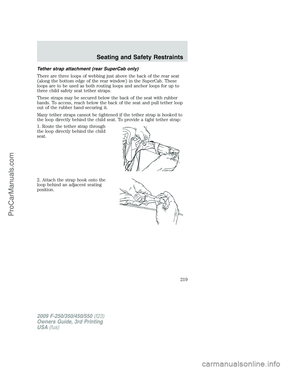 FORD F350 2009  Owners Manual Tether strap attachment (rear SuperCab only)
There are three loops of webbing just above the back of the rear seat
(along the bottom edge of the rear window) in the SuperCab. These
loops are to be use