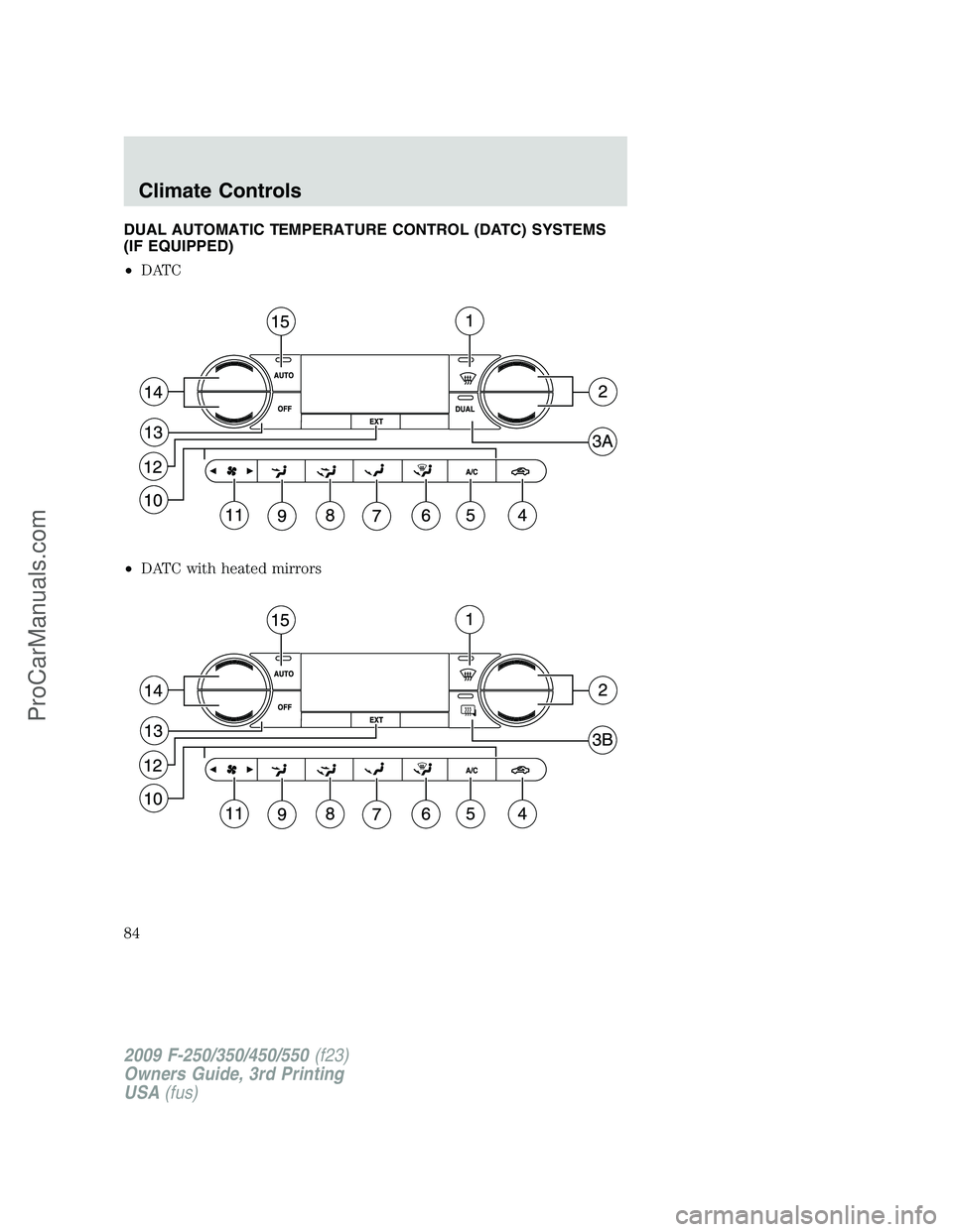 FORD F350 2009  Owners Manual DUAL AUTOMATIC TEMPERATURE CONTROL (DATC) SYSTEMS
(IF EQUIPPED)
•DATC
•DATC with heated mirrors
2009 F-250/350/450/550(f23)
Owners Guide, 3rd Printing
USA(fus)
Climate Controls
84
ProCarManuals.co