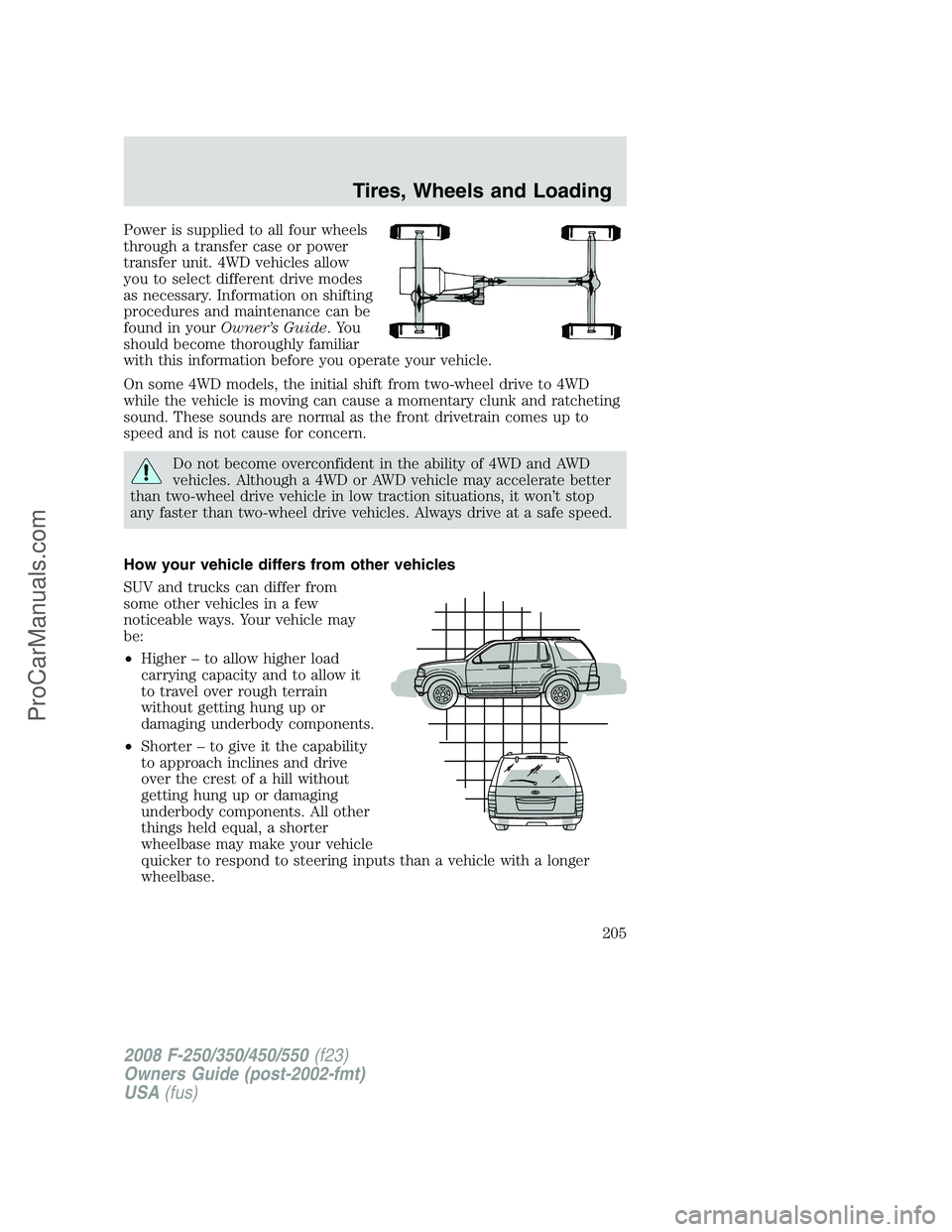 FORD F350 2008  Owners Manual Power is supplied to all four wheels
through a transfer case or power
transfer unit. 4WD vehicles allow
you to select different drive modes
as necessary. Information on shifting
procedures and mainten