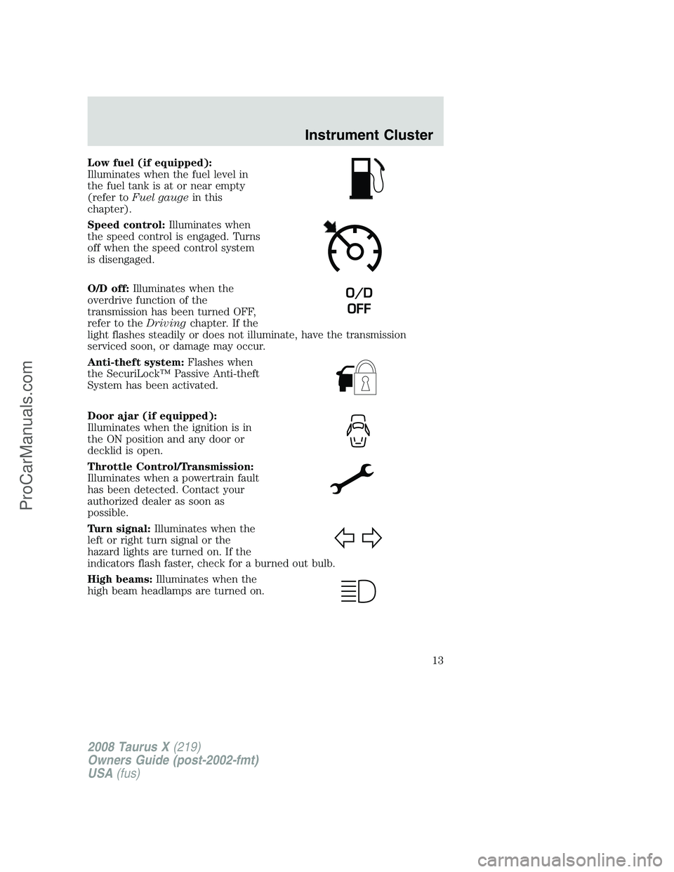 FORD FREESTYLE 2008 Owners Manual Low fuel (if equipped):
Illuminates when the fuel level in
the fuel tank is at or near empty
(refer toFuel gaugein this
chapter).
Speed control:Illuminates when
the speed control is engaged. Turns
off FORD FREESTYLE 2008 Owners Manual Low fuel (if equipped):
Illuminates when the fuel level in
the fuel tank is at or near empty
(refer toFuel gaugein this
chapter).
Speed control:Illuminates when
the speed control is engaged. Turns
off