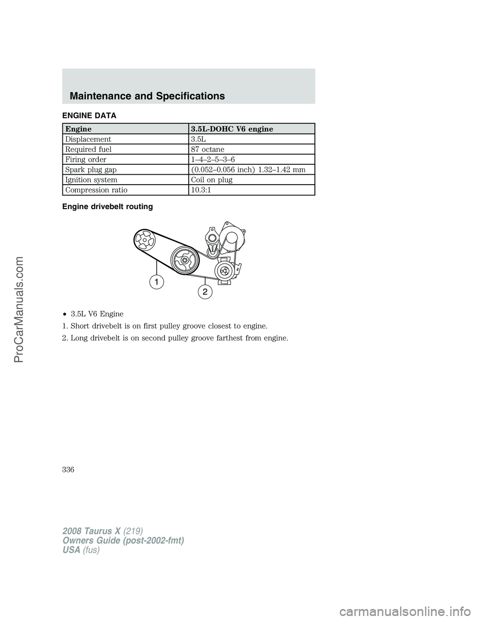 FORD FREESTYLE 2008  Owners Manual ENGINE DATA
Engine 3.5L-DOHC V6 engine
Displacement 3.5L
Required fuel 87 octane
Firing order 1–4–2–5–3–6
Spark plug gap (0.052–0.056 inch) 1.32–1.42 mm
Ignition system Coil on plug
Comp