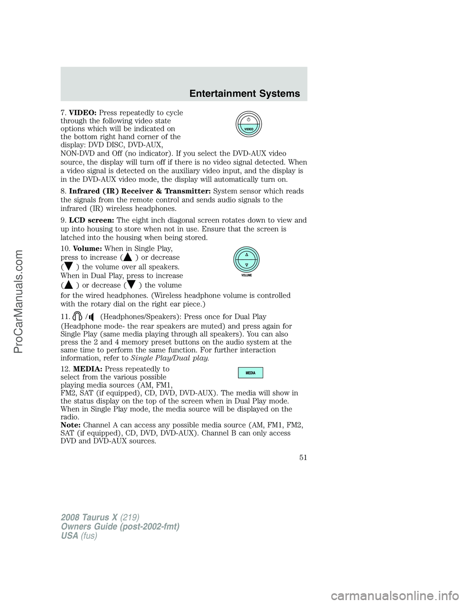 FORD FREESTYLE 2008 Owners Manual 7.VIDEO:Press repeatedly to cycle
through the following video state
options which will be indicated on
the bottom right hand corner of the
display: DVD DISC, DVD-AUX,
NON-DVD and Off (no indicator). I FORD FREESTYLE 2008 Owners Manual 7.VIDEO:Press repeatedly to cycle
through the following video state
options which will be indicated on
the bottom right hand corner of the
display: DVD DISC, DVD-AUX,
NON-DVD and Off (no indicator). I