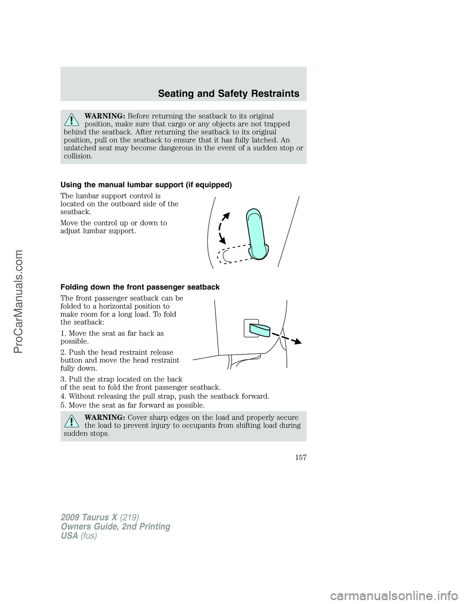 FORD FREESTYLE 2009  Owners Manual WARNING:Before returning the seatback to its original
position, make sure that cargo or any objects are not trapped
behind the seatback. After returning the seatback to its original
position, pull on 